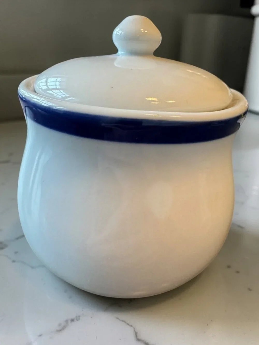 Pottery Barn White Ceramic Sugar Bowl With Lid Blue Rim 4 Inches Tall Made In Ch